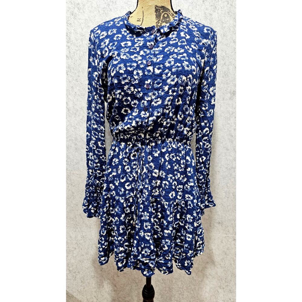 Karlie Floral Tiered Mini Dress Long Sleeve Blue White Boho Size Small